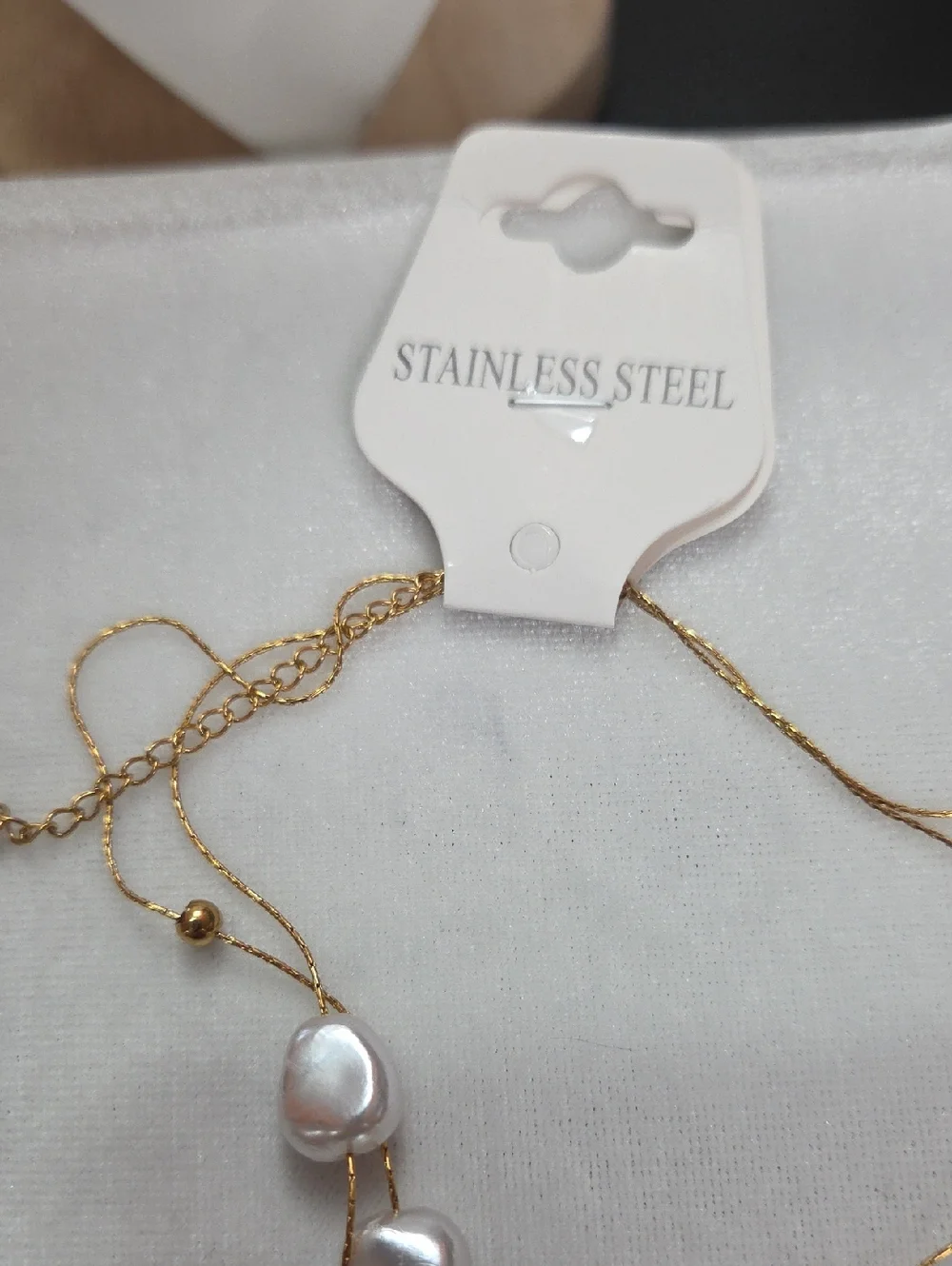 Gold Tone Stainless Steel Necklace Faux Pearl Beaded Detail Double Strand NEW
